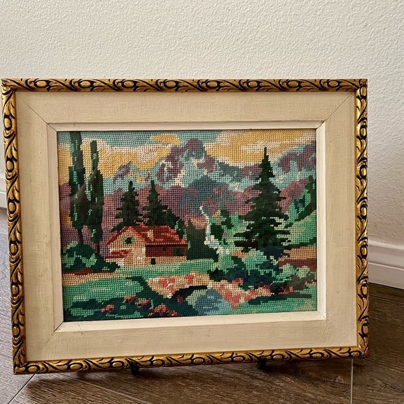 Vintage Landscape Embroidered Art in Gold Frame 12/15 inch - Picture 12 of 12